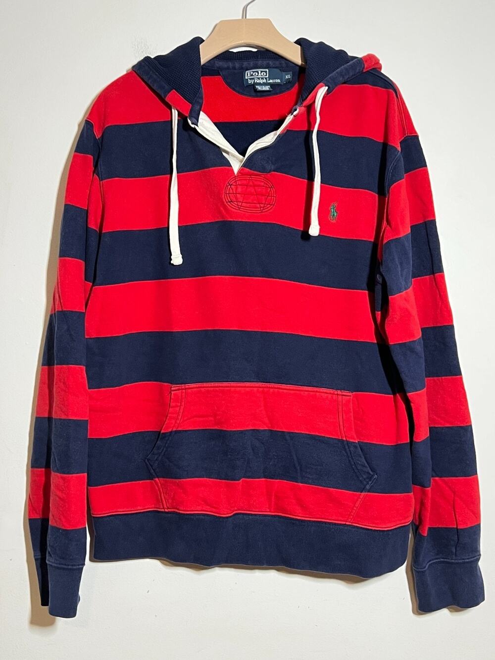 VTG POLO Ralph Lauren Men's Red Navy Rugby Stripe Hooded Pullover Sweatshirt XL